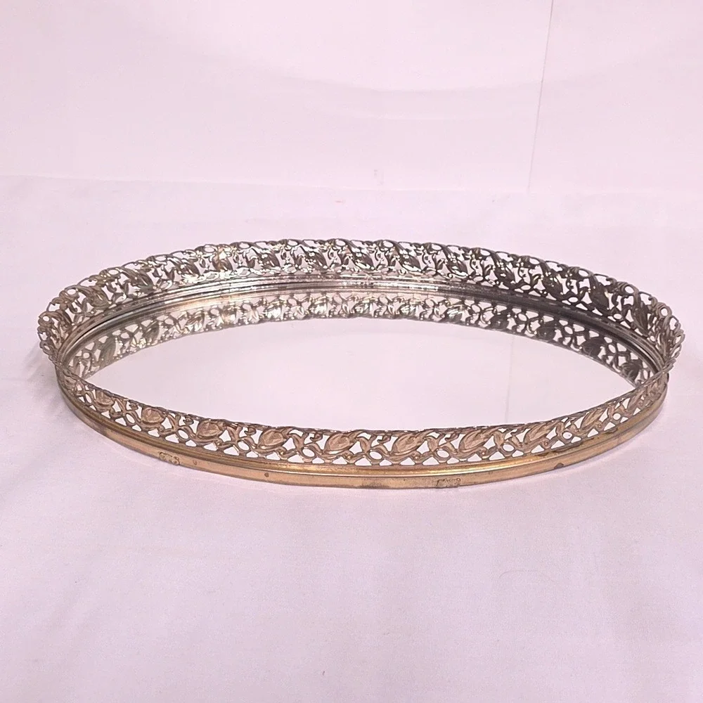Vintage Vanity Tray Gold Oval Mirrored Filigree Ornate Hollywood Regency